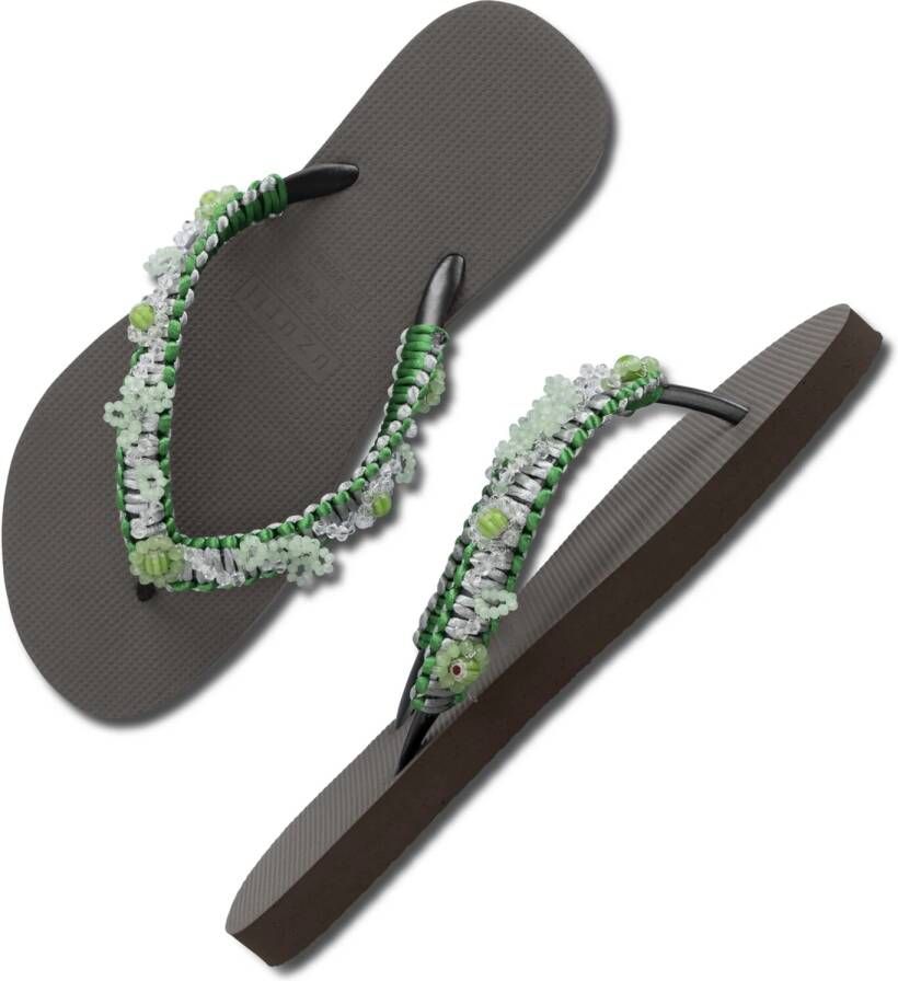 UZURII Bruine Teenslippers Macrame Green Blossom