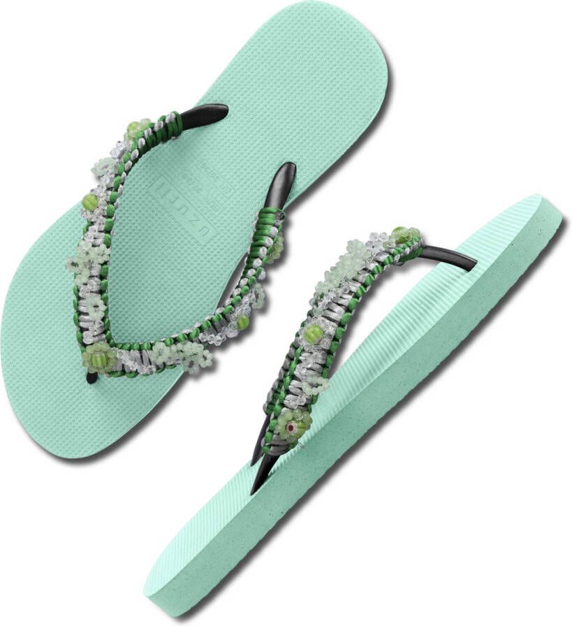 UZURII Groene Teenslippers Macrame Green Blossom