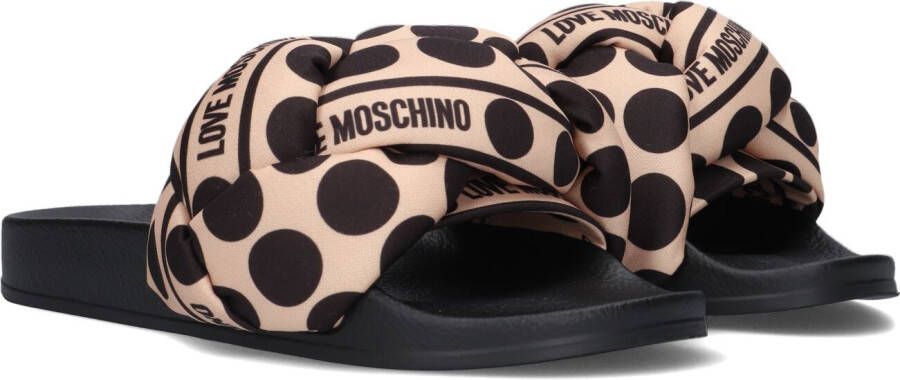 Love Moschino Zwarte rubberen sliders met geweven beige band en polkadotprint Beige Dames