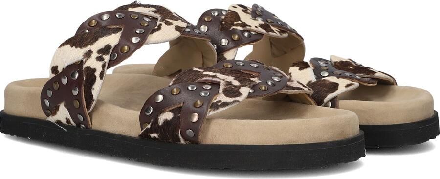Maruti Evie Hairon Cow D04 Slippers Donker Bruin Koeienprint Leer Dames Bruin