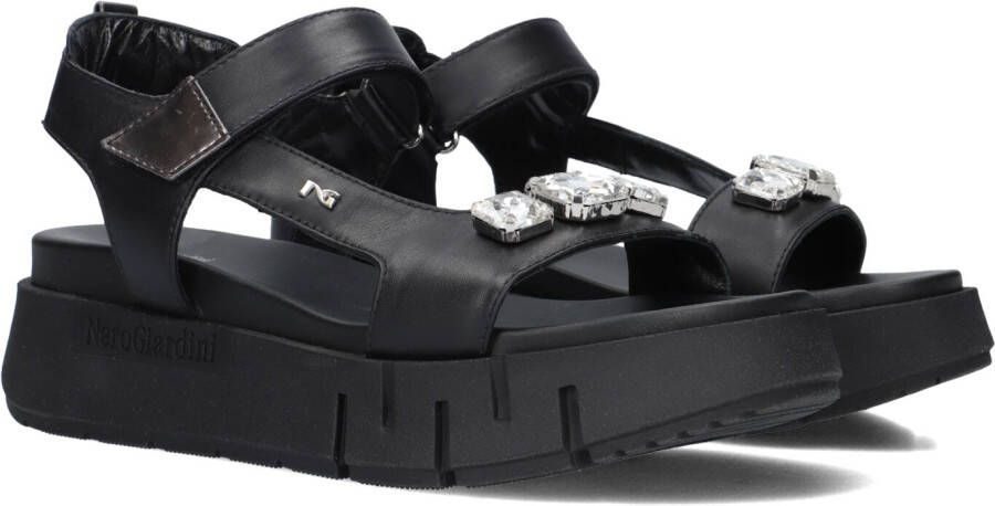 Nerogiardini Zwarte leren sandaal met kristaldetail Black Dames