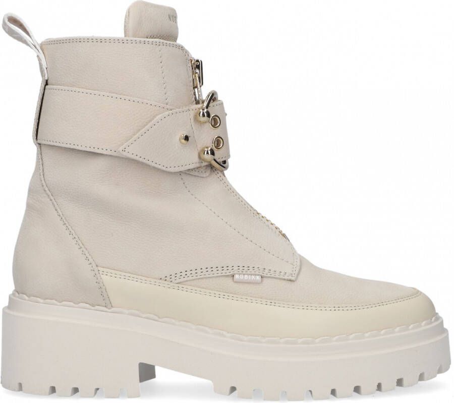 Nubikk Beige Enkellaarsjes met Decoratieve Gouden Rits en Gesp Beige Dames