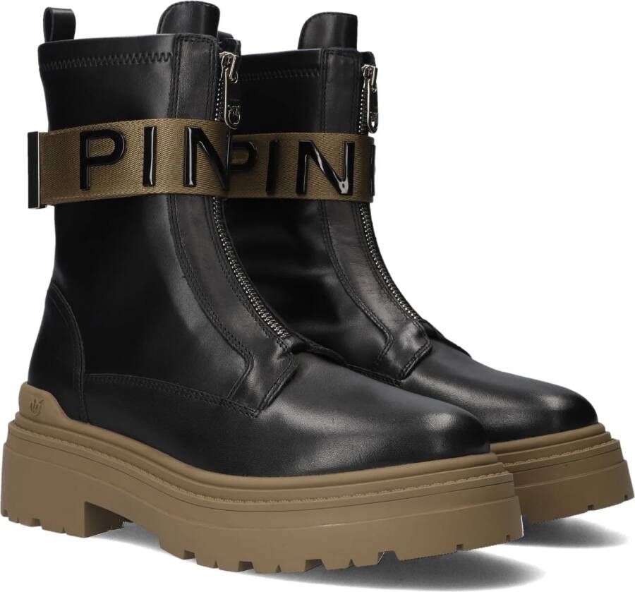 Pinko Boots Stretch Leather Biker Lace-Up With Gold Buckle in zwart
