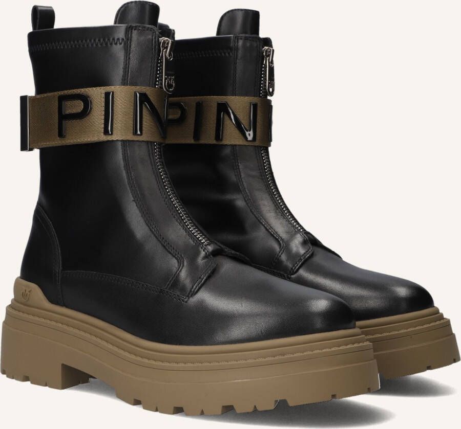 Pinko Boots Stretch Leather Biker Lace-Up With Gold Buckle in zwart