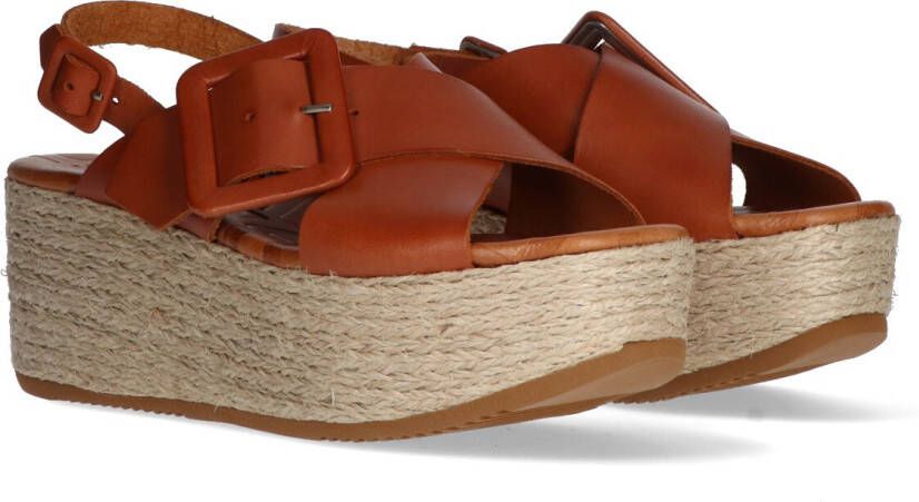 Shabbies Amsterdam Vrouwen Leer Espadrilles Damesschoenen Sleehak Hoogte 6 6.5 cm Gesp sluiting 154020009 Cognac