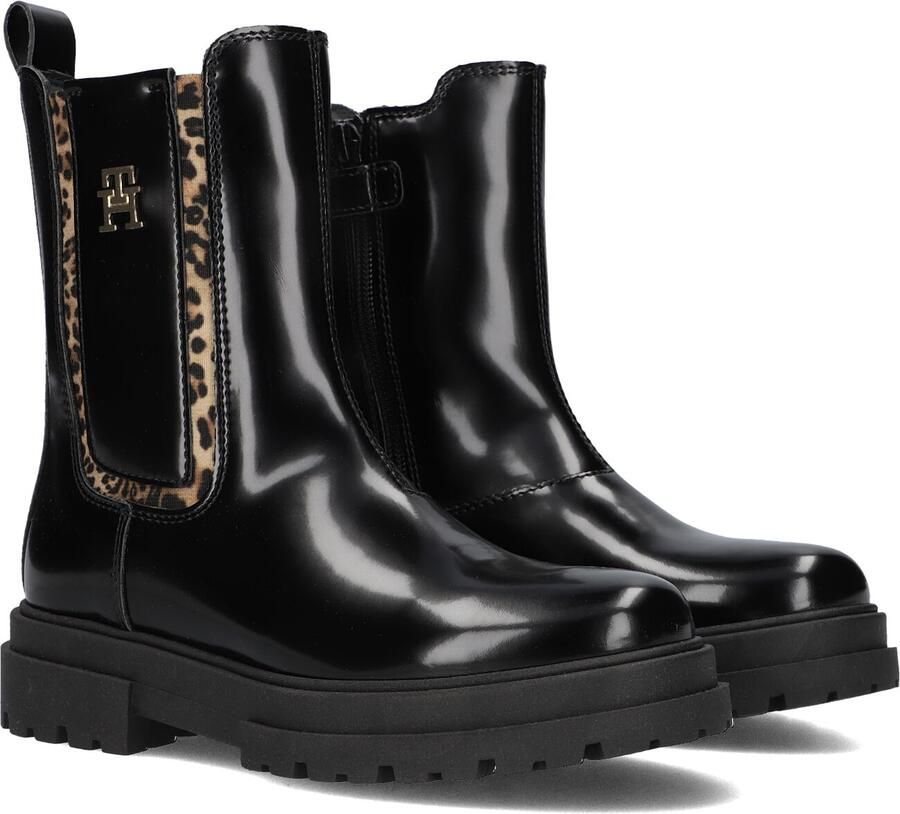 Tommy Hilfiger imitatieleren enkelboots met profielzool en panterprint zwart