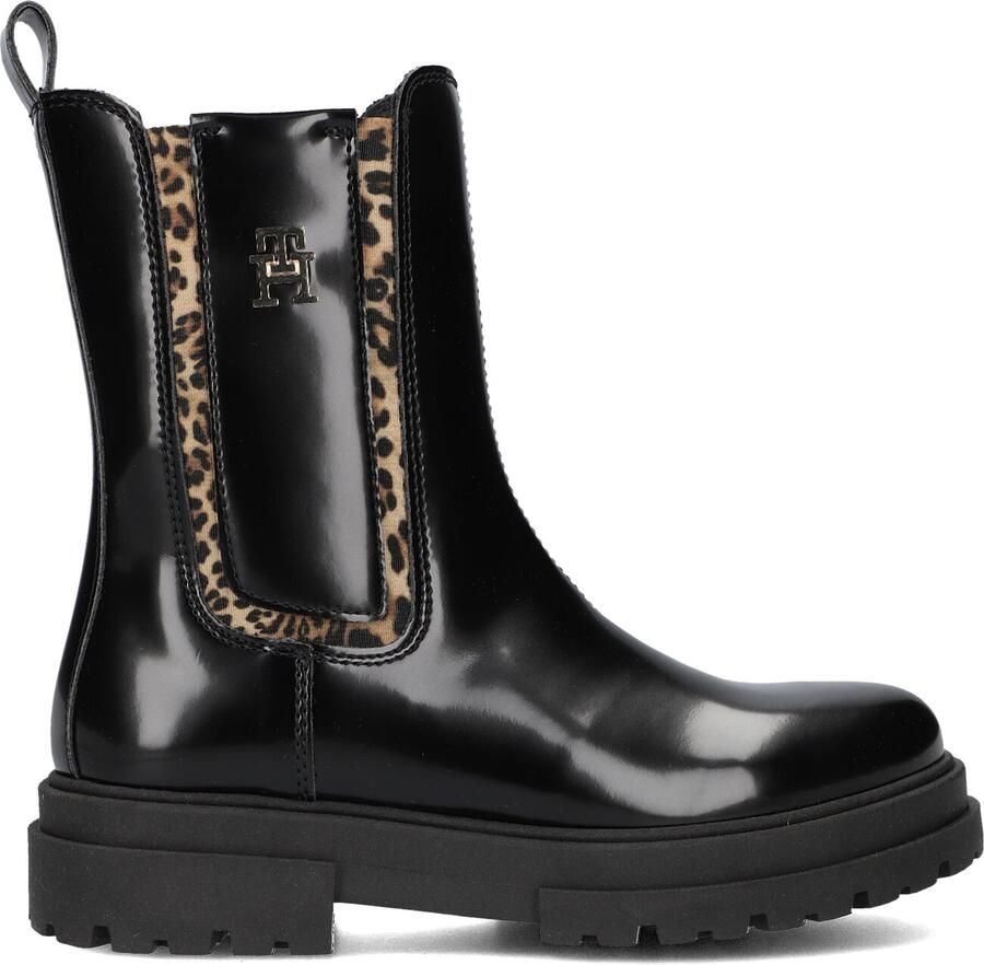 Tommy Hilfiger imitatieleren enkelboots met profielzool en panterprint zwart - Foto 3