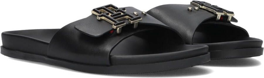 Tommy Hilfiger Zwarte Leren Hardware Platte Slippers Black Dames