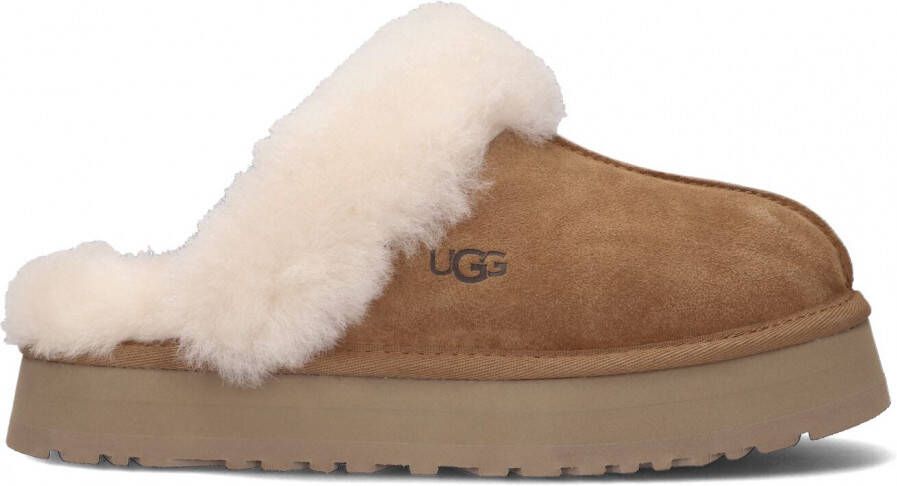 UGG Pantoffels Dames Sloffen Instappers Suède Harde zool Dichte hiel Disquette Cognac