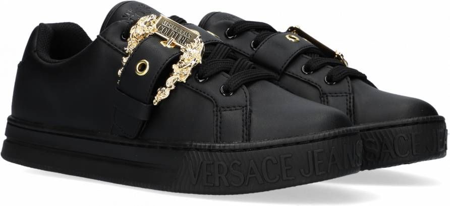 Versace Jeans Couture Zwarte Leren Sneakers met Gouden Details Black Dames