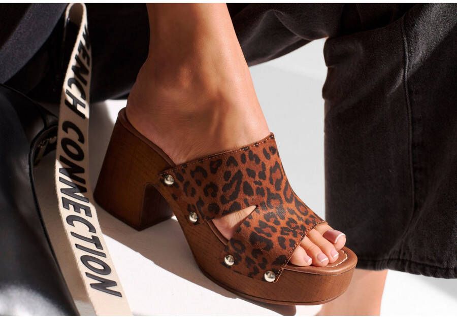 French Connection Slippers Mule sandaal open schoen van leer met blokhak