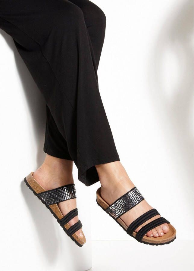Lascana Slippers Mule Sandalen open schoen met comfortabel kurken voetbed van leer en elastische bandjes