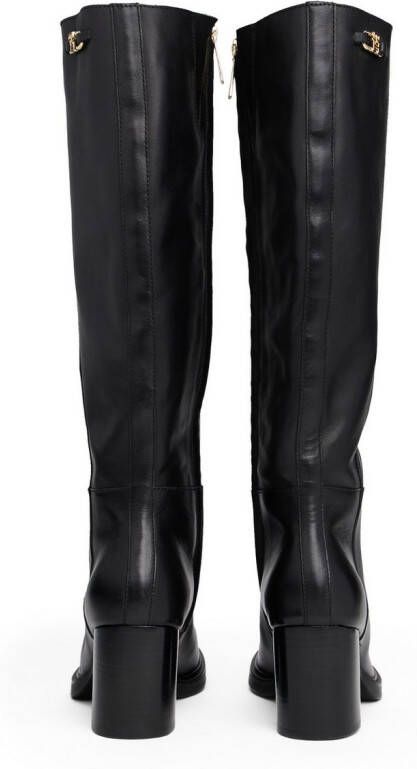 Tommy Hilfiger Laarzen STACKED HEEL LEATHER LONG BOOT blokhak lange laarzen met goudkleurig logo-sierelement