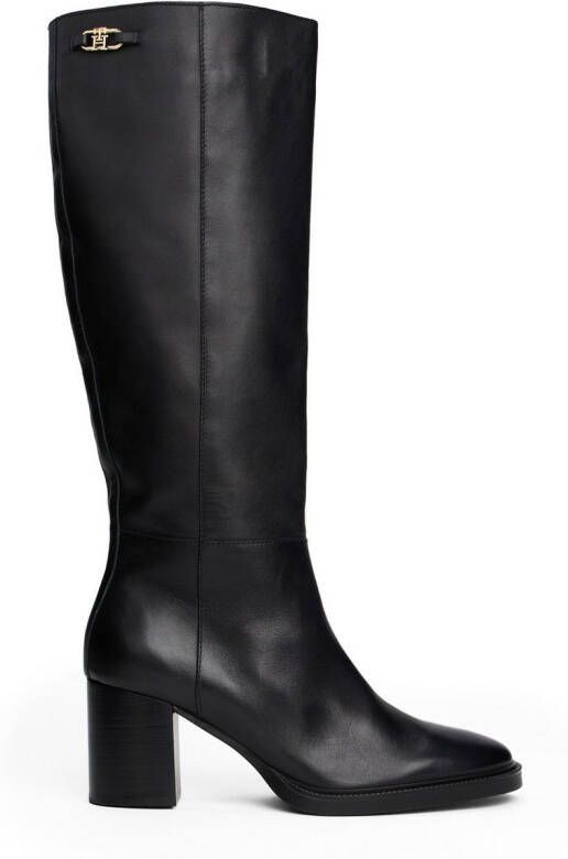Tommy Hilfiger Laarzen STACKED HEEL LEATHER LONG BOOT blokhak lange laarzen met goudkleurig logo-sierelement