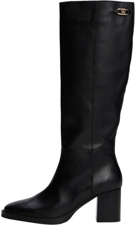 Tommy Hilfiger Laarzen STACKED HEEL LEATHER LONG BOOT blokhak lange laarzen met goudkleurig logo-sierelement