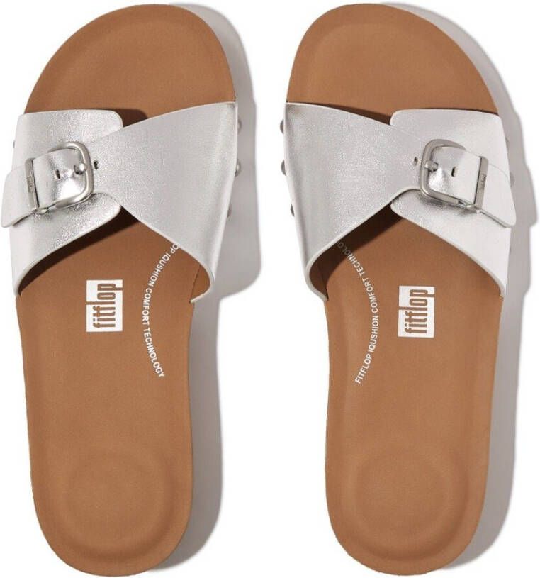 Fitflop Slippers IQUSHION ADJUSTABLE BUCKLE METALLIC-LEATHER SLIDES sleehak zomerschoen slippers met verstelbare bandage - Foto 1