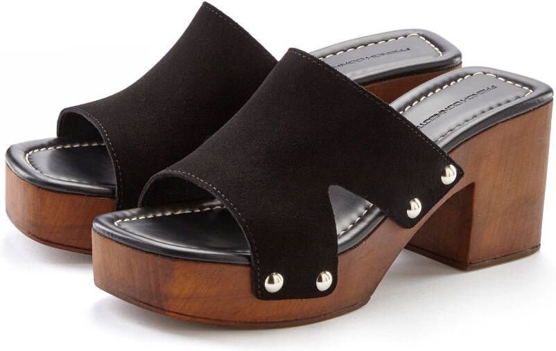 French Connection Slippers Mule sandaal open schoen van leer met blokhak