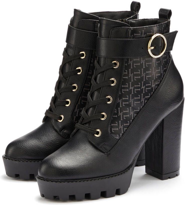 Lascana Laarsjes met blokhak en verfijnde patroon high-heel enkellaars vegan