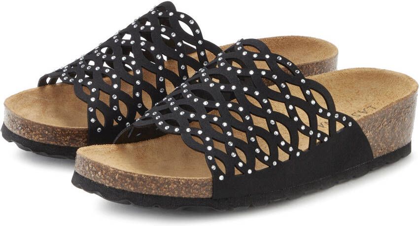 Lascana Slippers Mule sandaal open schoen met comfortkurk voetbed van leer en glinsterende steentjes