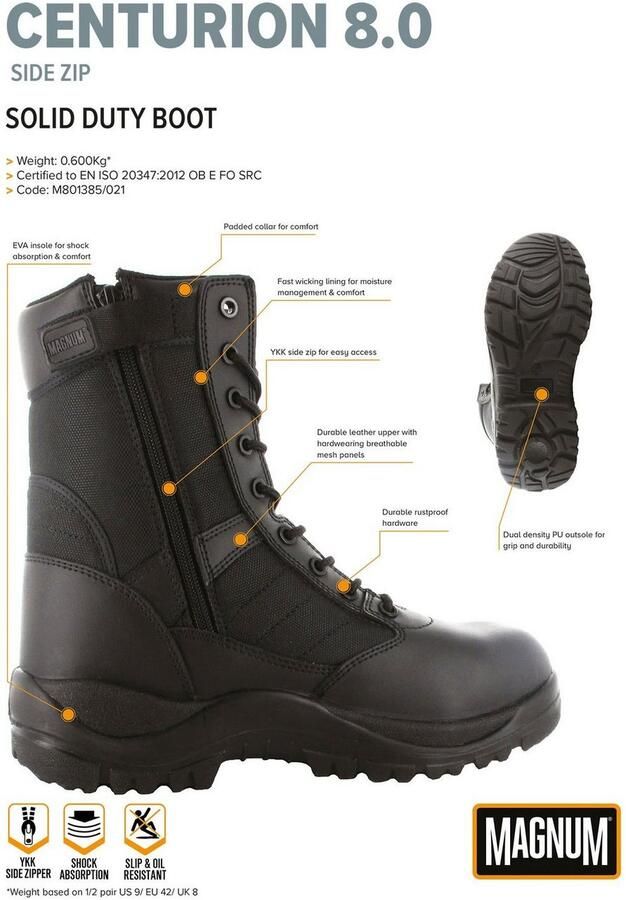 Magnum Centurion 8.0 SZ Sidezip Tactische Laarzen Inzetlaarzen Militaire Politie Security Boots Zwart M801385 - Foto 5