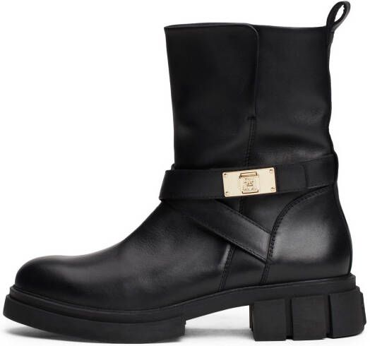 Tommy Hilfiger Bikerboots BIKER LEATHER blokhak enkellaars laarzen met goudkleurige sieraad