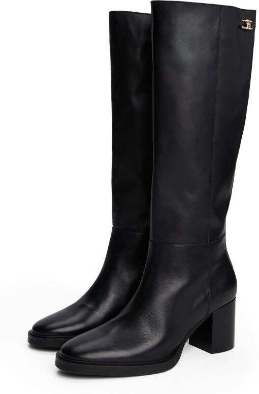 Tommy Hilfiger Laarzen STACKED HEEL LEATHER LONG BOOT blokhak lange laarzen met goudkleurig logo-sierelement