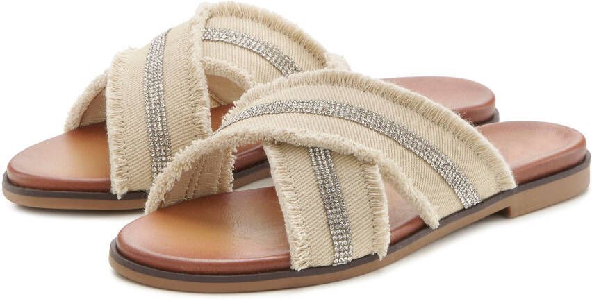 Vivance Slippers Mule sandaal zomerschoen met subtiele strass-steentjes en kleine franjes