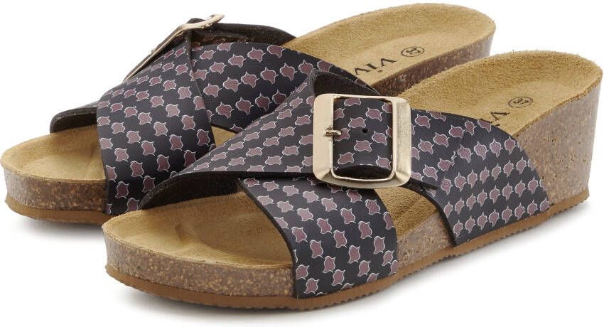 Vivance Slippers Sandaal mule open schoen met comfortkurk voetbed van leer sleehak en print