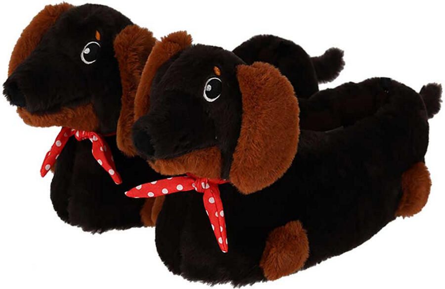 Apollo dames sloffen teckel hond donkerbruin pantoffels met antislip