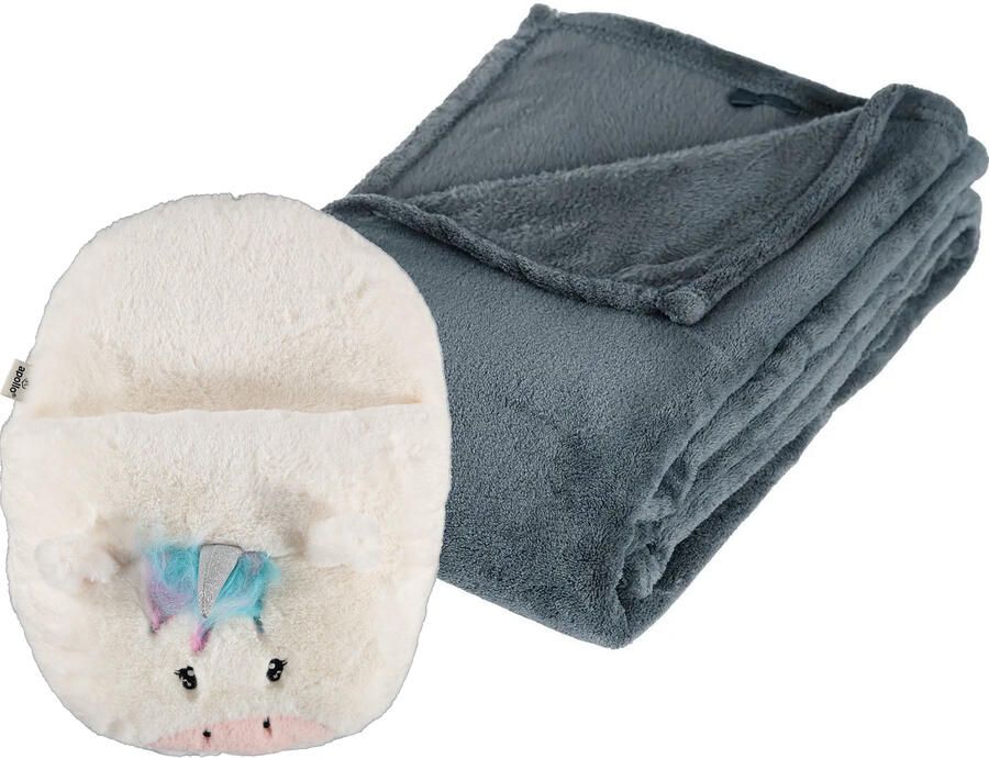 Apollo Fleece deken blauwgrijs 125 x 150 cm met voetenwarmer slof eenhoorn one size