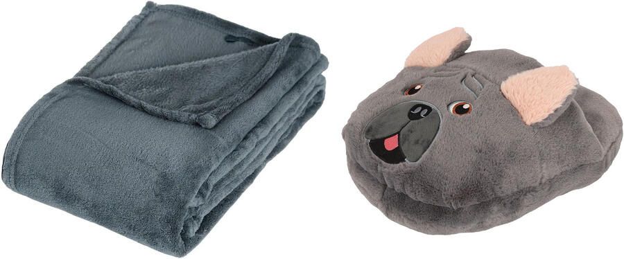 Apollo Fleece deken blauwgrijs 125 x 150 cm met voetenwarmer slof Frans Bulldog hond one size