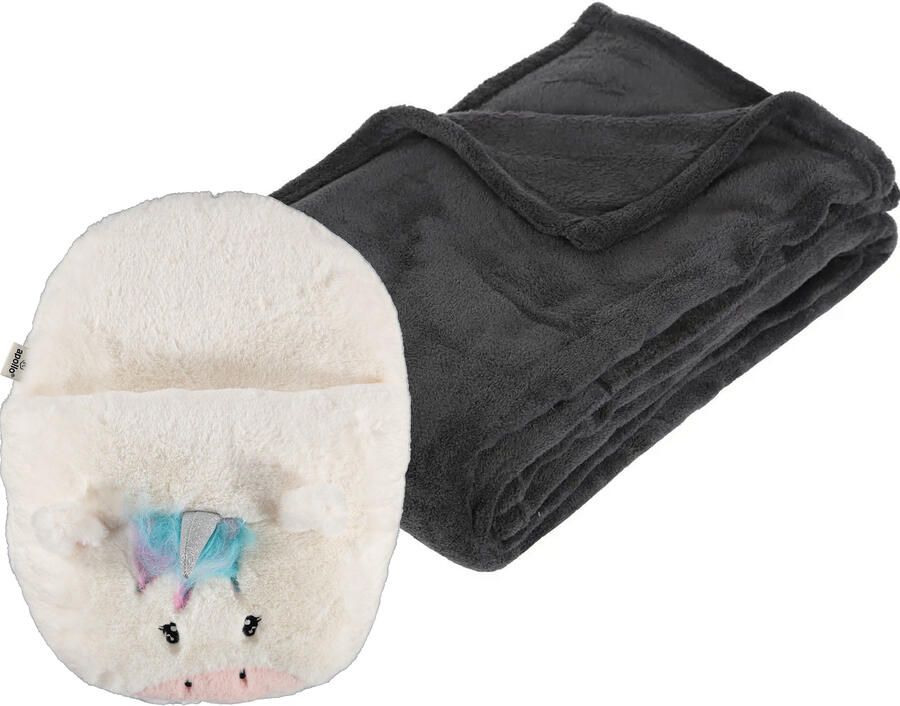 Apollo Fleece deken donkergrijs 125 x 150 cm met voetenwarmer slof eenhoorn one size