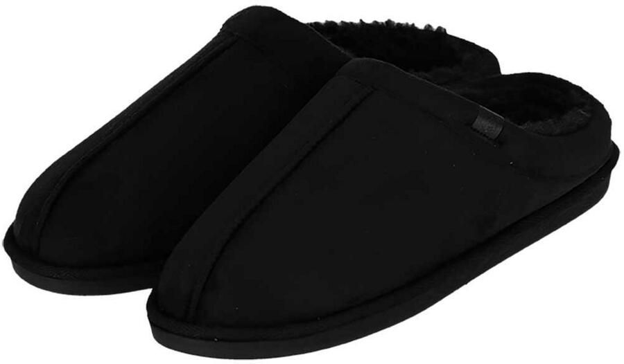 Apollo heren sloffen zwart suede buitenkant met wol instap pantoffels