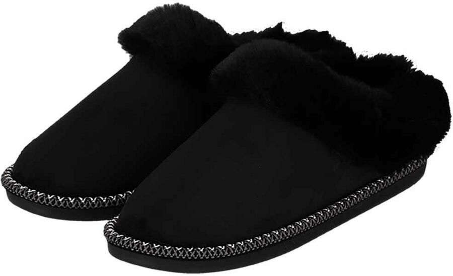 Apollo teddy sloffen dames zwart instappers teddystof pantoffels laag