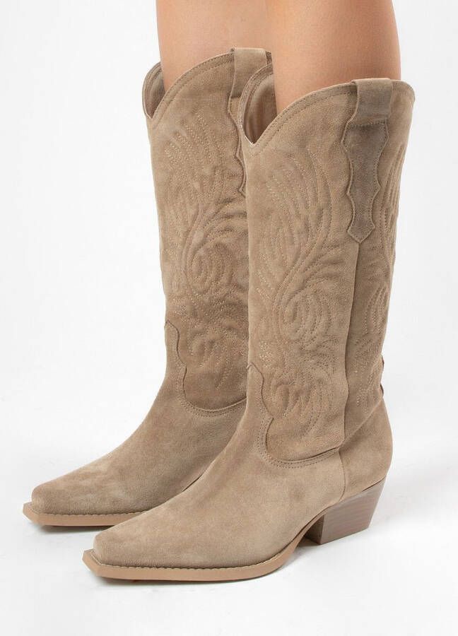 Sacha Dames PRE-ORDER Beige suède cowboylaarzen met stiksels - Foto 2