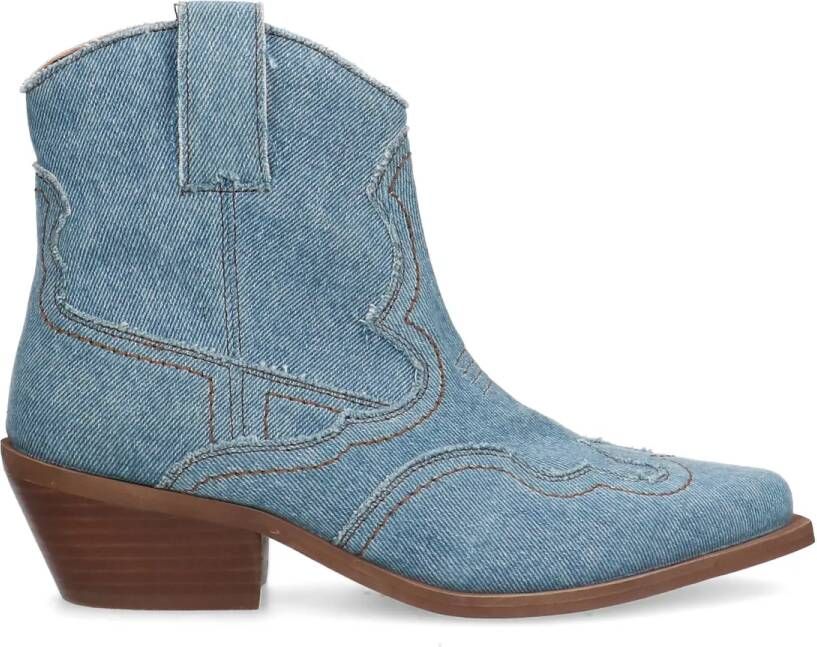 Sacha Blauw denim enkellaarsjes met hak