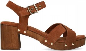 Sacha Suède cognac sandalen met houten hak