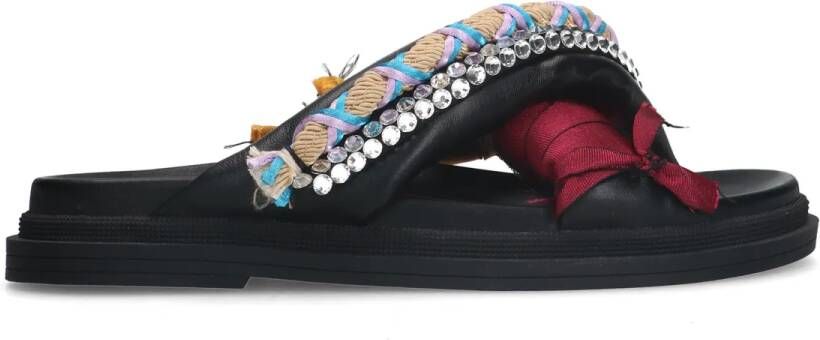Sacha Zwarte leren slippers met multicolor details