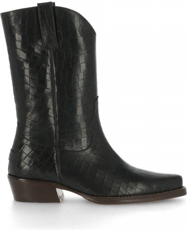Shabbies Amsterdam Western enkellaars croco geprint leer zwart