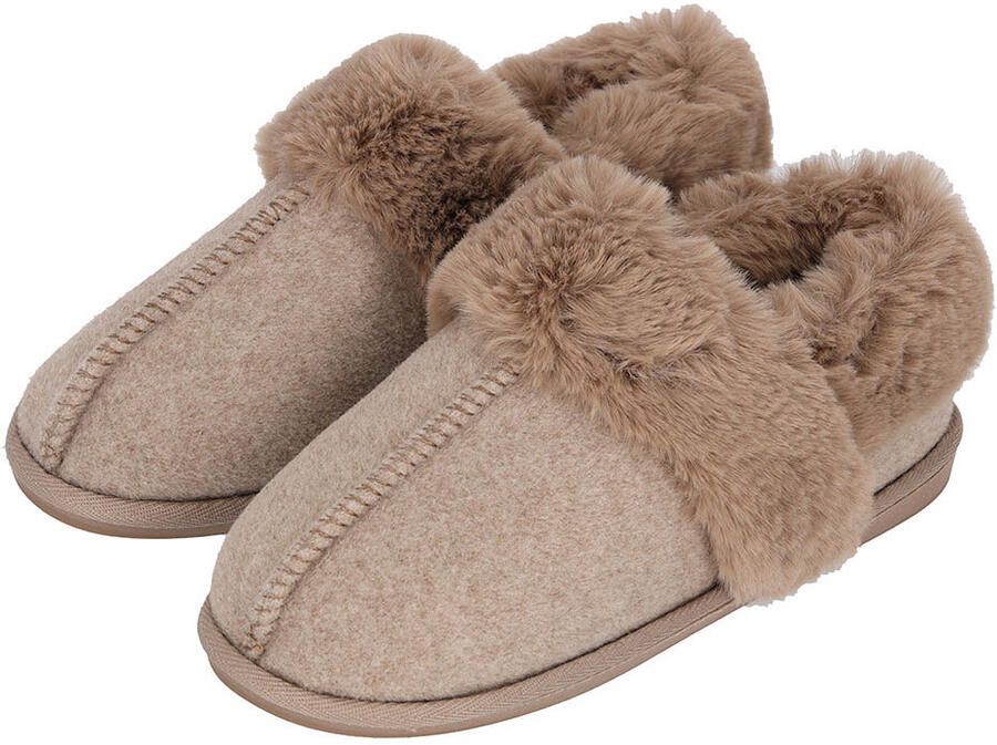 Apollo dames sloffen instappers taupe vilt kunstbont laag model pantoffels