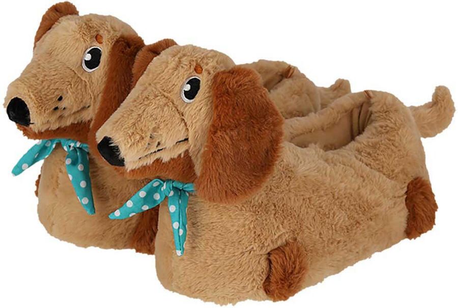 Apollo dames sloffen teckel hond lichtbruin pantoffels met antislip