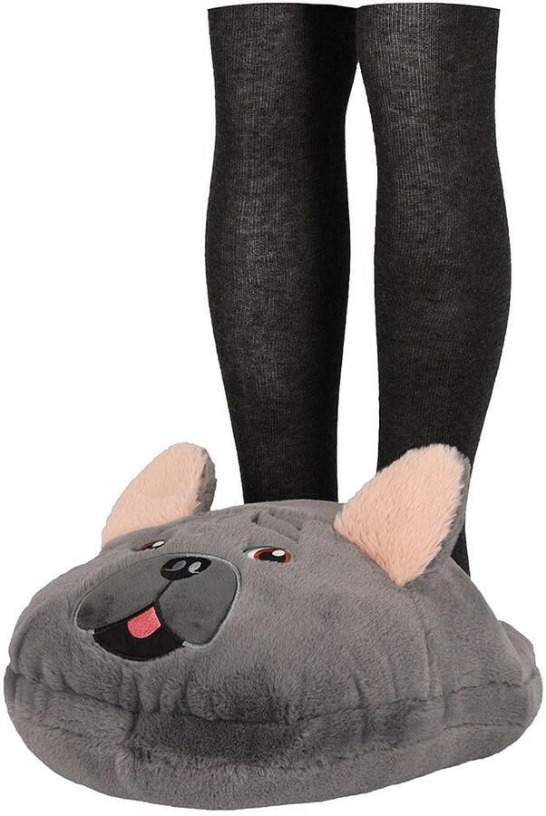 Apollo Grote voetenwarmer slof -Bulldog hond grijs- one size 30 x 27 cm polyester
