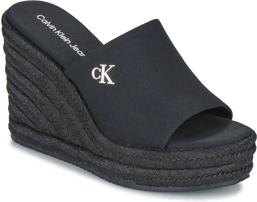 Calvin Klein Sleehakmuiltjes WEDGE ROPE SLIDE MG zomerschoen plateausool vakantie-schoen met bamboe-decoratie