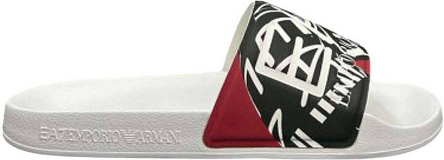 Ea7 Emporio Armani Teenslippers Visibility Logo Slides White Red Rings Print