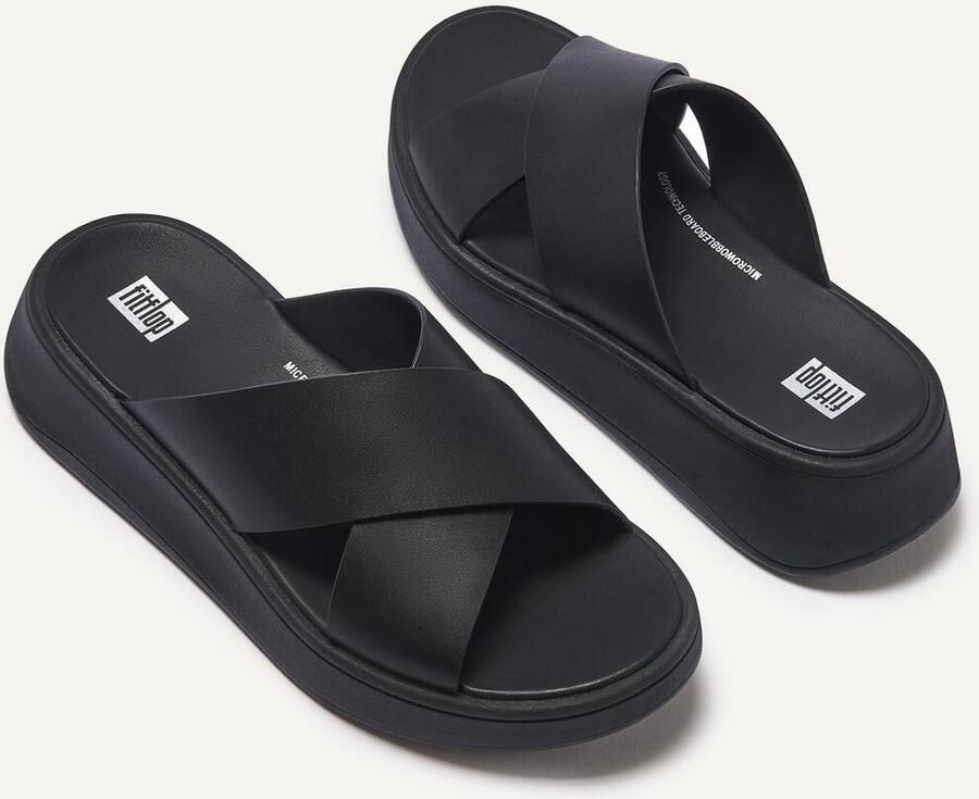 FitFlop F-Mode Leather Flatform Cross Slides ZWART - Foto 6
