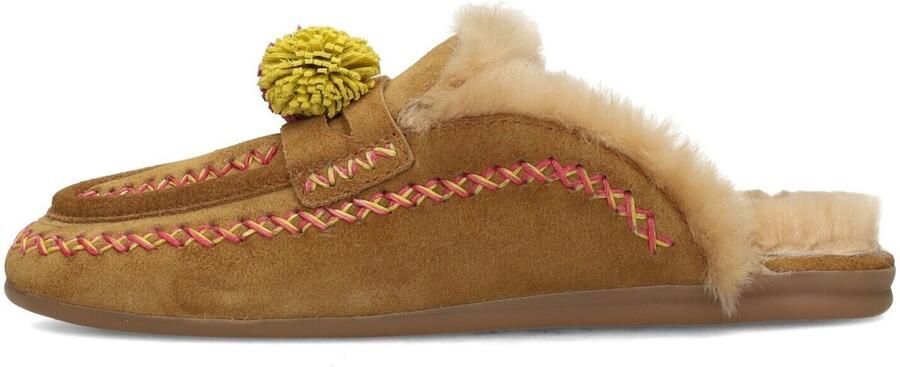 Poelman Nina suède slippers met pompons cognac - Foto 4