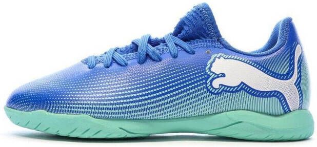 Puma Future 7 Play Jr. zaalvoetbalschoenen kobaltblauw mintgroen wit Imitatieleer 28 - Foto 4