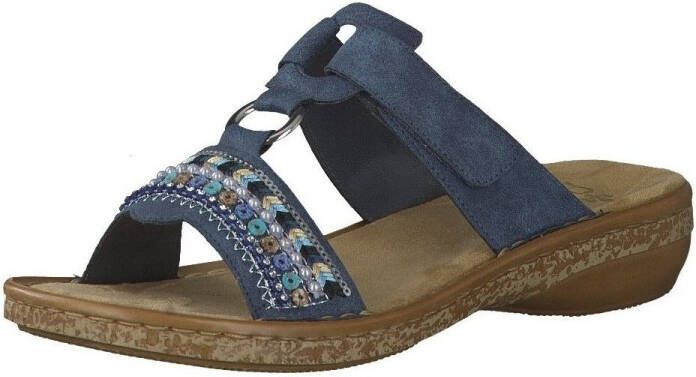 Rieker Slippers sleehak zomerschoen pantoffels met pailletten- en parelrand