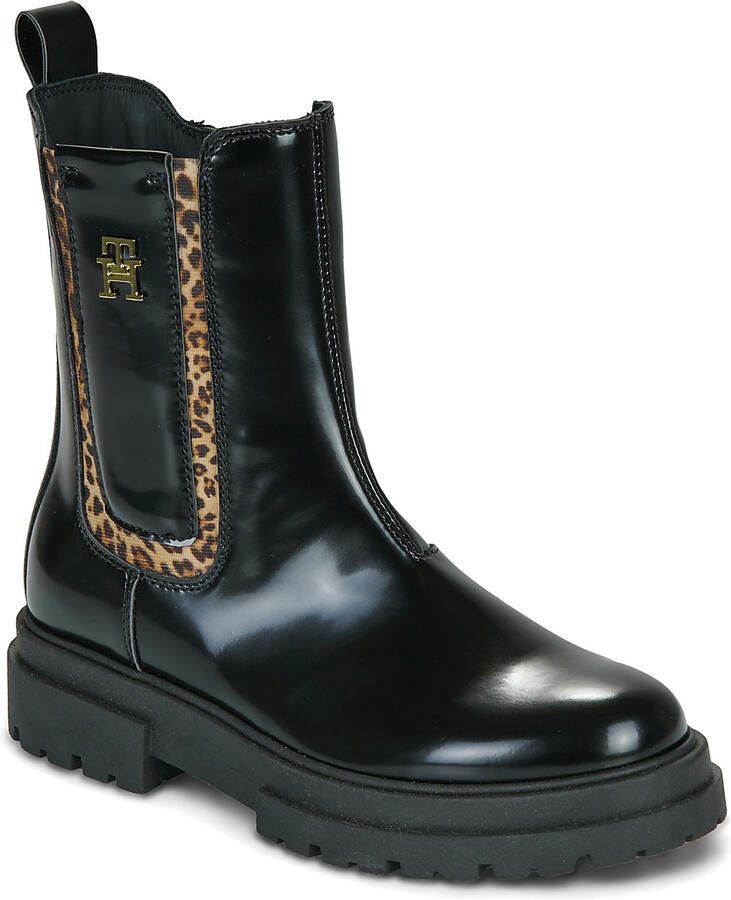Tommy Hilfiger imitatieleren enkelboots met profielzool en panterprint zwart - Foto 9