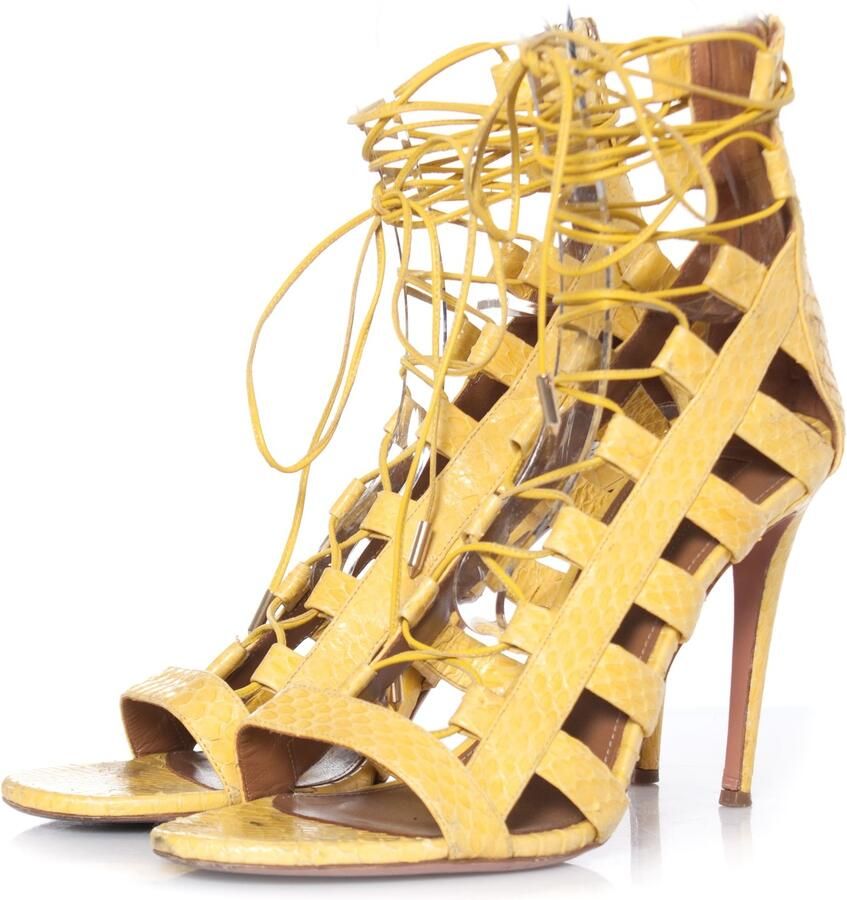 Aquazurra Pre-owned Aquazurra Gele sandalen met vetersluiting van pythonleer.